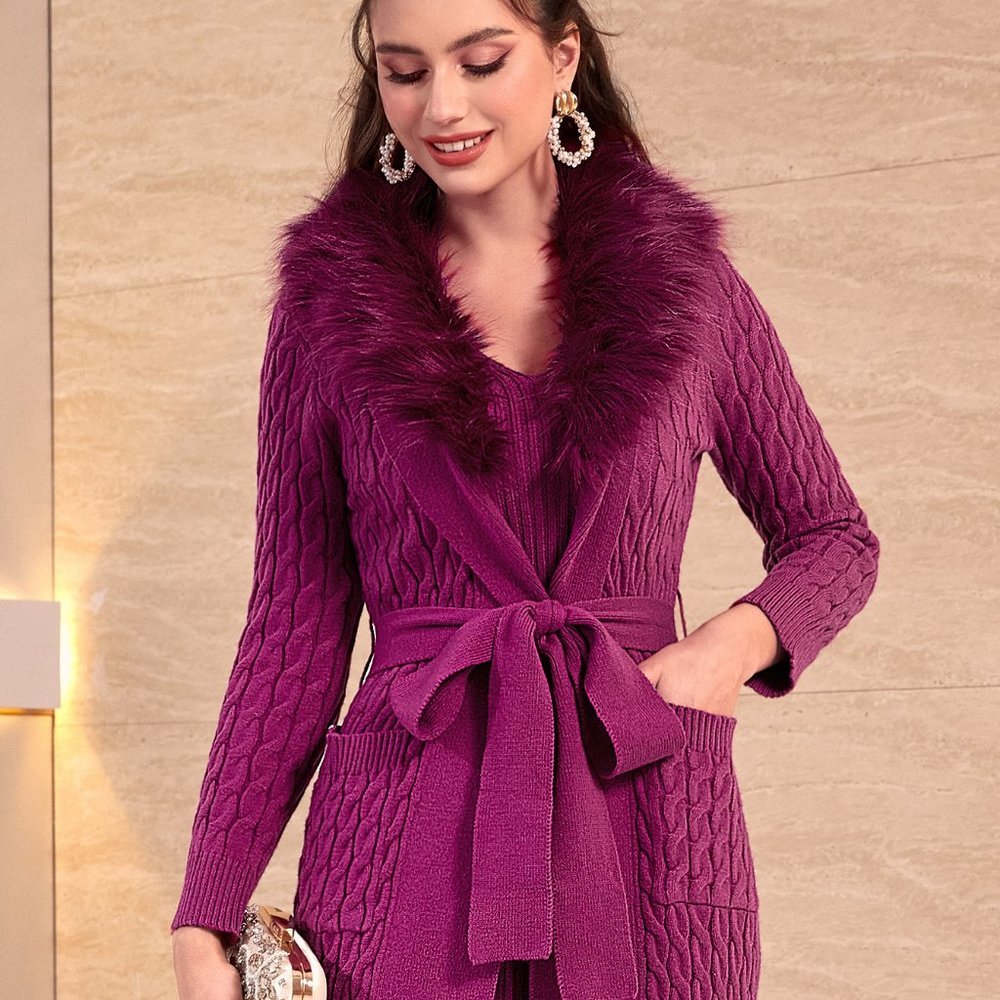 Purple Boho Womens Fuzzy Trim Belted Cardigan & Rib Knit Sweater Dress - Picture 3 of 5